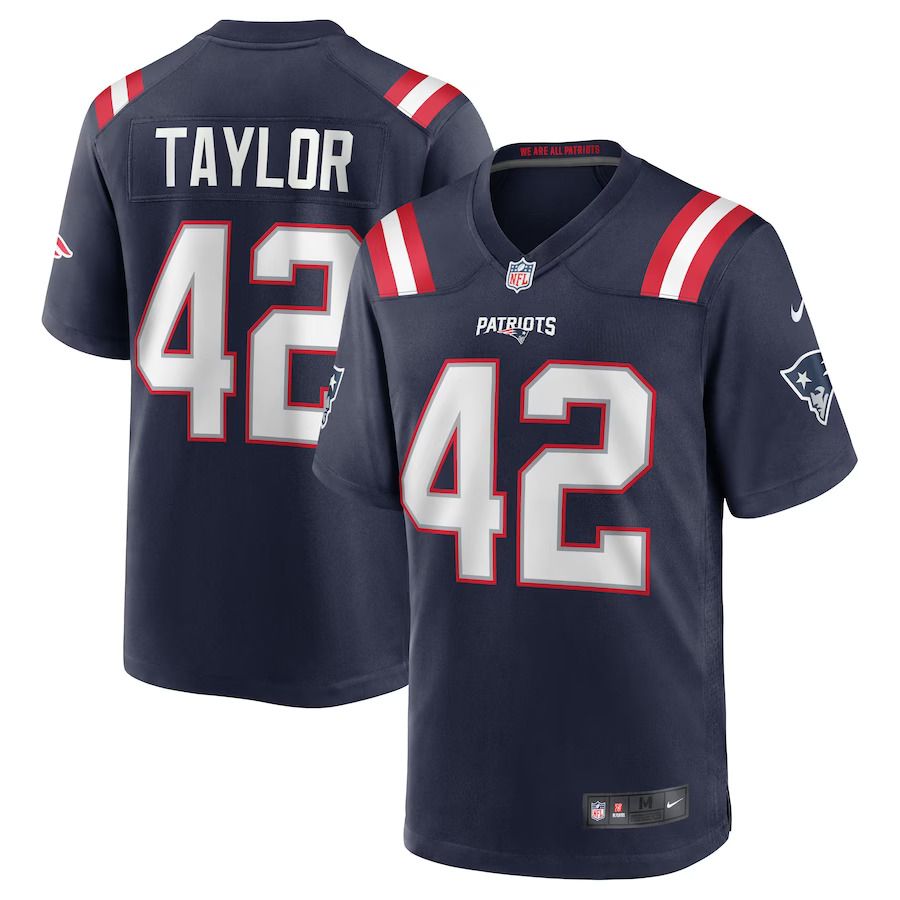Men New England Patriots #42 J.J. Taylor Nike Navy Team Game NFL Jersey